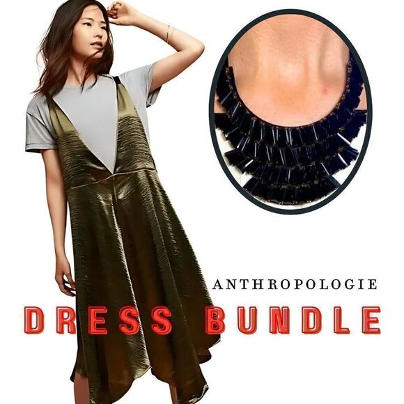 Like New Anthropologie Maeve Olive Green Slip Dress + Necklace Bundle - Picture 1 of 1